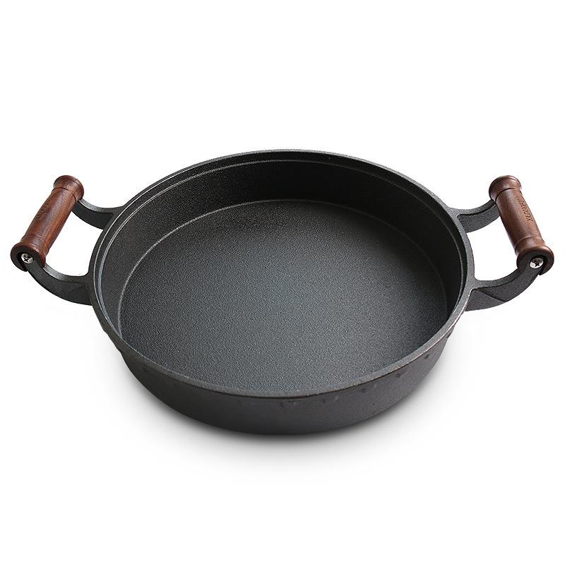 xyt加厚铸铁平底煎锅老式家用烙饼锅无涂层木柄深生铁平底锅重