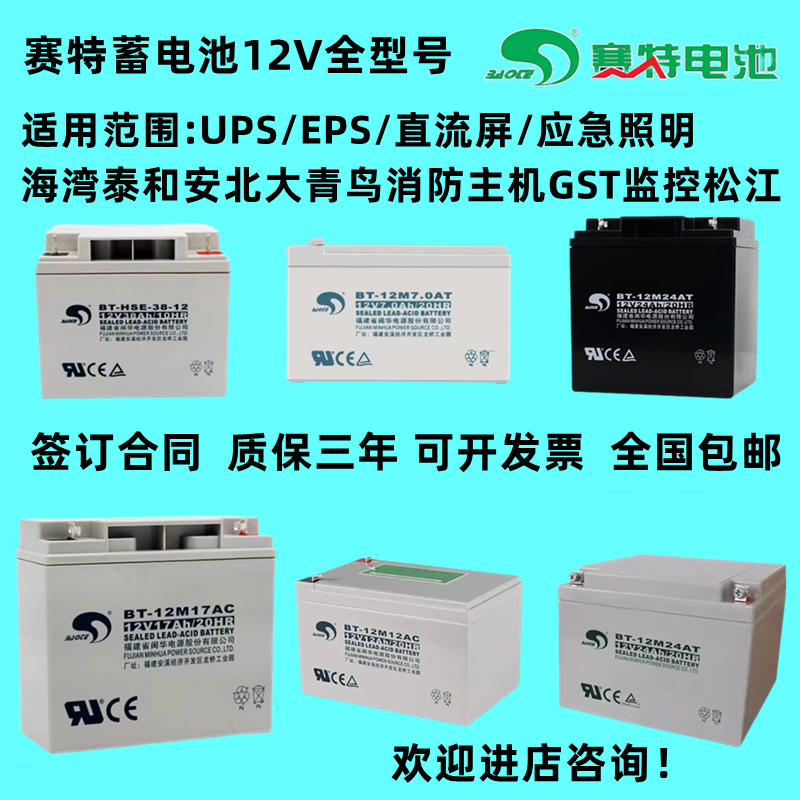 海湾利达消防主机蓄电池赛特BT-12M/AT12V24AH7AH10AH12A17AH38AH