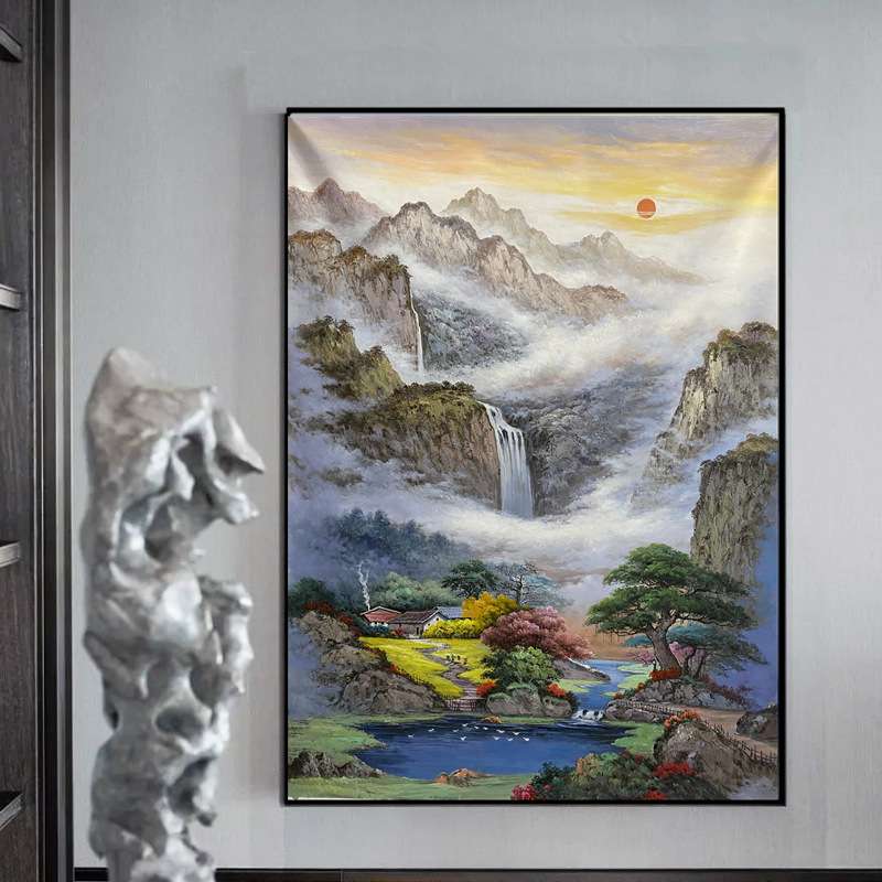 纯手绘油画风水山水画风景日出新中式聚宝盆别墅装饰壁画走廊挂画