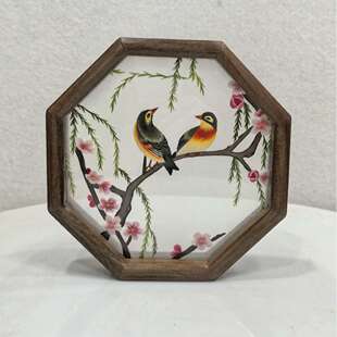 湘绣摆件纯手工绣长沙刺绣成品八角摆台双面绣花台桌面摆件胡桃木