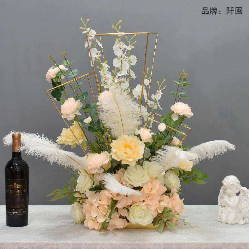 电镀三柱桌花仿真绢花摆设酒店酒吧ktv台面装饰布置羽毛花艺摆件
