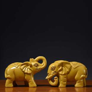 大象摆件一对木雕工艺品实木木头仿古小象家居装饰黄色木吉祥摆设