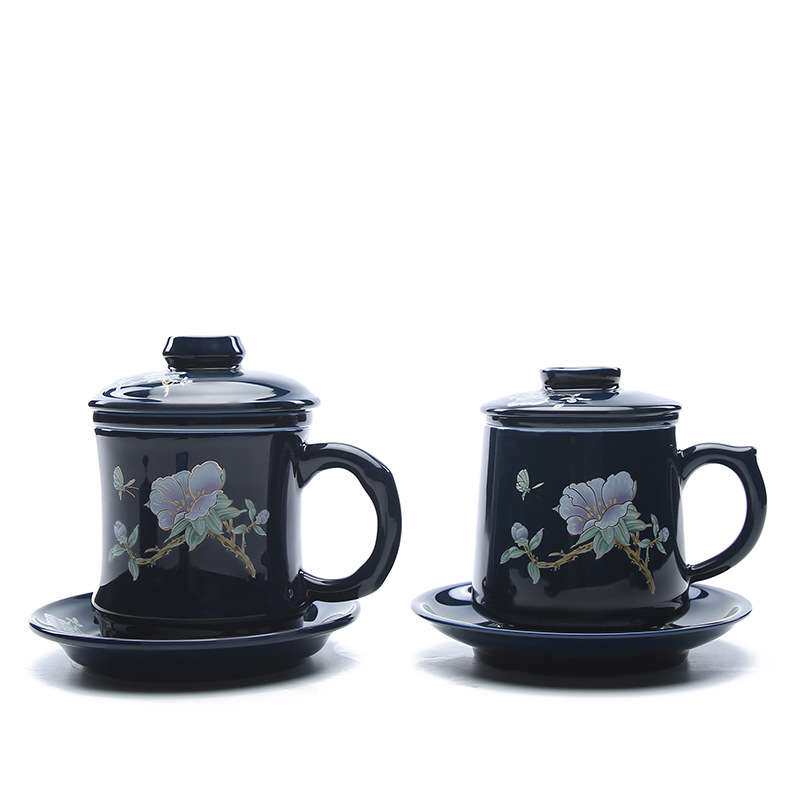 陶客轩蝶恋花霁蓝色马克杯陶瓷带过滤茶杯大容量办公泡茶杯可logo