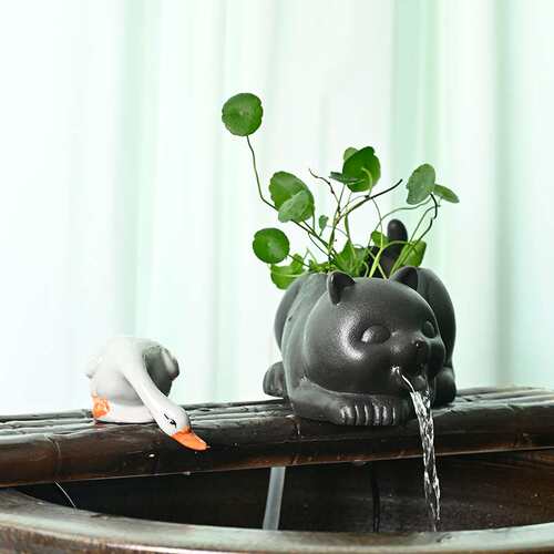 陶瓷动物喵星人流水摆件鱼缸装饰出水口水培绿植花瓶沼泽生态过滤