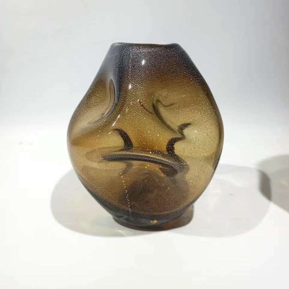 客厅水养插花棕色琉璃花瓶鲜花样板间茶色摆件玻璃花器手工琉璃