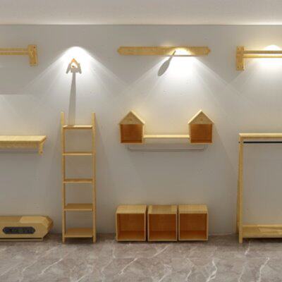 侧原木色上落地式店铺装修挂服装架陈列服装店墙货架组合童装子架