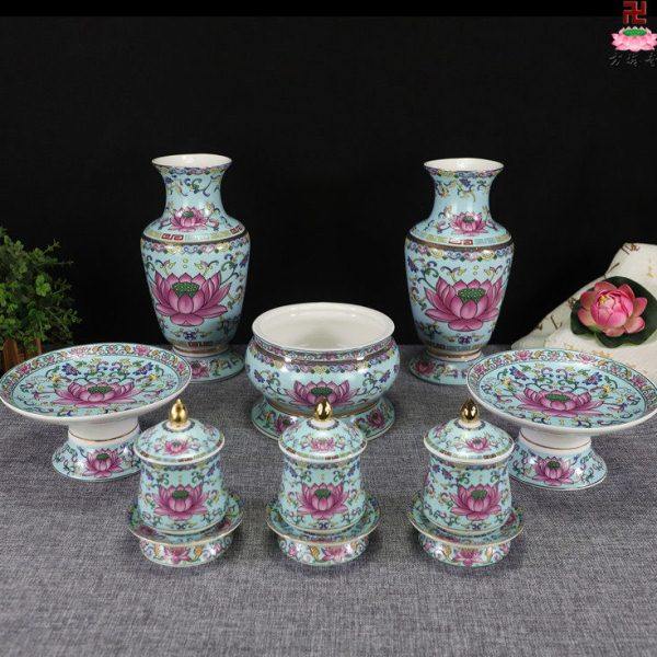 家居绿釉陶瓷五贡供佛具花瓶净圣水杯供果盘佛前插上香炉寺庙摆件,家居饰品,花瓶,淘宝优惠券,粉丝福利购,淘宝优惠卷