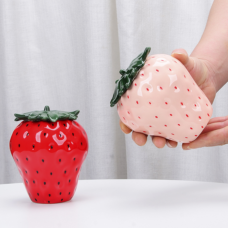 草莓茶叶罐中式创意陶瓷红茶储存罐密封I罐手工防潮迷你储物罐摆