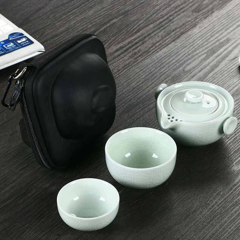 镜清汝窑快客杯一壶一二两杯迷你旅行小茶具套装便携开片户外陶瓷