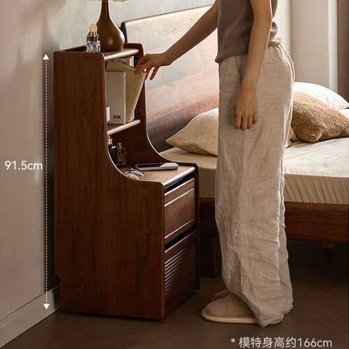 北美黑胡桃木实木床头柜北欧简约樱桃木书架一体家用床边置物柜