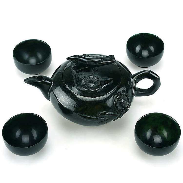 蓝田墨玉黑绿玉喜上眉梢茶壶 橄榄石祁连玉墨玉茶具
