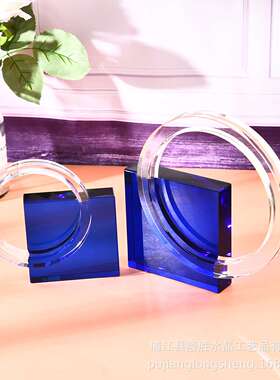 现代简约北欧风格田园装饰品桌面摆件蓝色方体加透明圆圈摆件软装