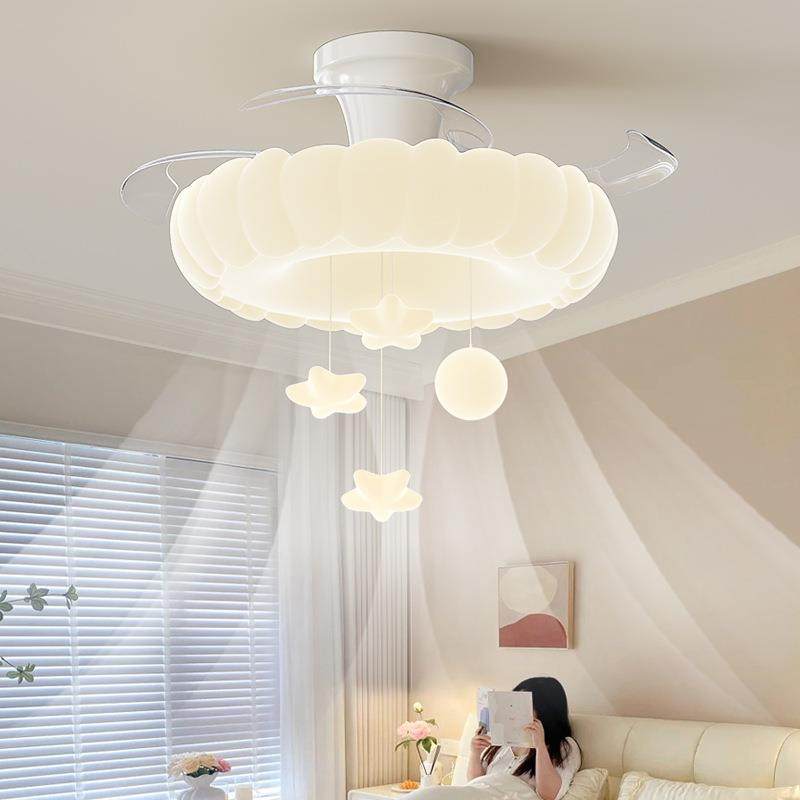 奶油风云朵风扇灯卧室全铜电机静音一体电扇灯护眼儿童房间吸顶灯