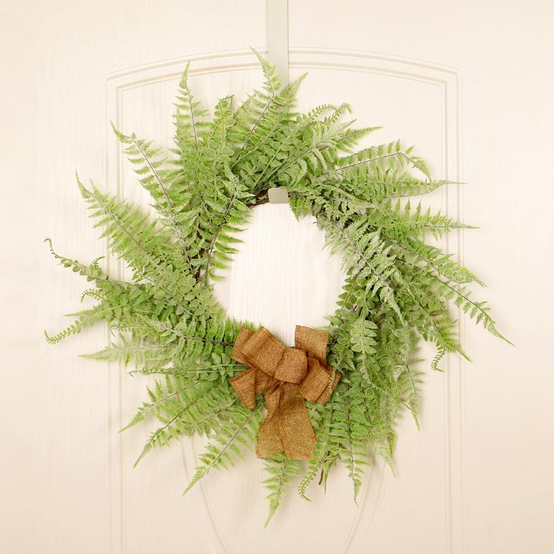 鸿禹 春天新款仿真植绒花环花圈 植毛蕨叶壁挂麻布蝴蝶结家居花环