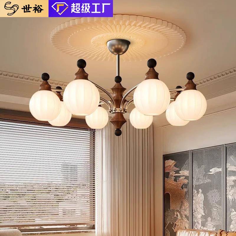 法式中古风客厅吊灯复古柿子玻璃餐厅灯白玉竹卧室书房灯中山灯具