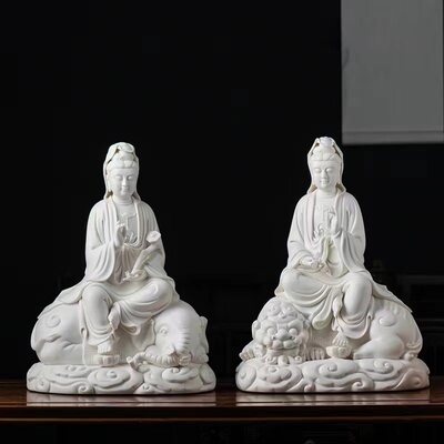 德化陶瓷观音佛像文殊普贤一对菩萨像居家供奉收藏品白瓷装饰摆饰