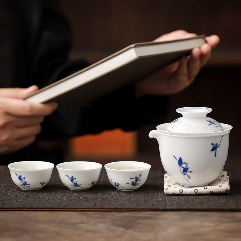 户外旅行茶具猪油白釉下纯手绘快客杯一壶三杯便携式茶具旅游茶具