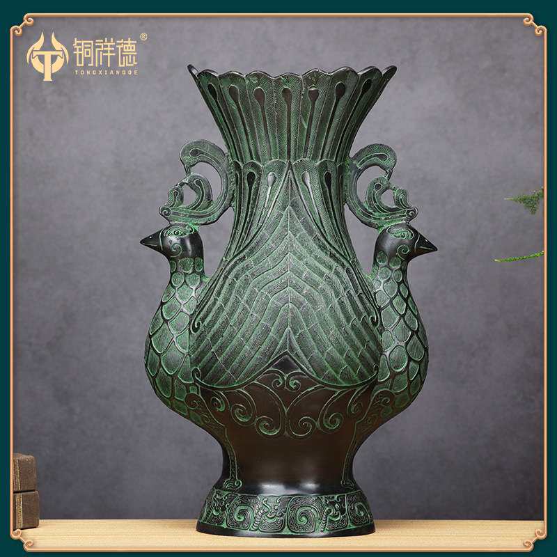 青铜器仿古摆件青铜双凤尊酒樽吉祥鸟尊古玩家居装饰工艺品铜花瓶