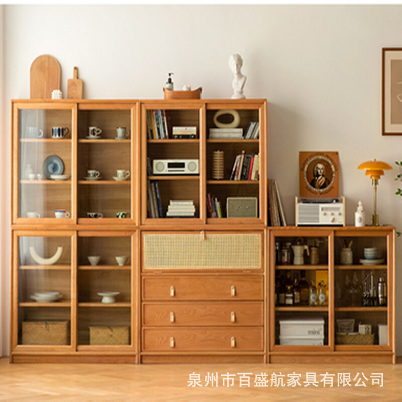 北欧实木书柜家用模块组合藤编收纳柜卧室大容量简约落地靠墙书柜