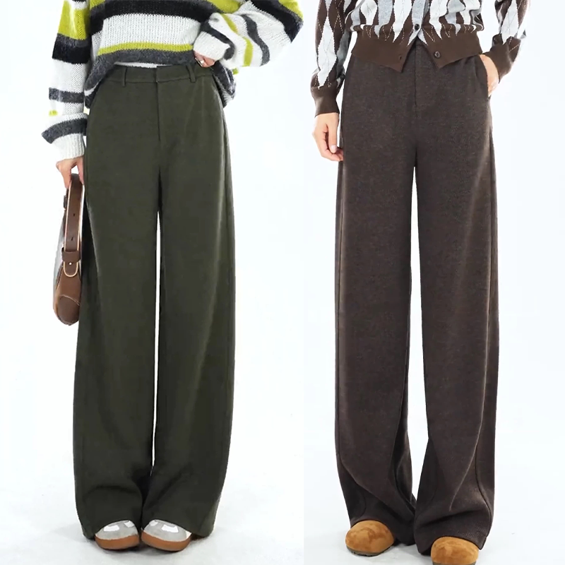 榉木绿醋酸羊毛裤女阔腿裤休闲裤