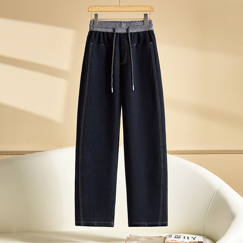 撞色配腰弯刀牛仔裤女2025年秋冬新款抽绳松紧腰窄版直筒裤阔腿裤,女装/女士精品,牛仔裤,淘宝优惠券,粉丝福利购,淘宝优惠卷