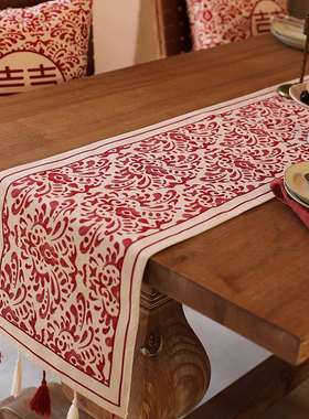 ?T9J5红色结婚桌旗茶几茶席婚礼长条桌布婚庆新中式轻奢床尾巾流