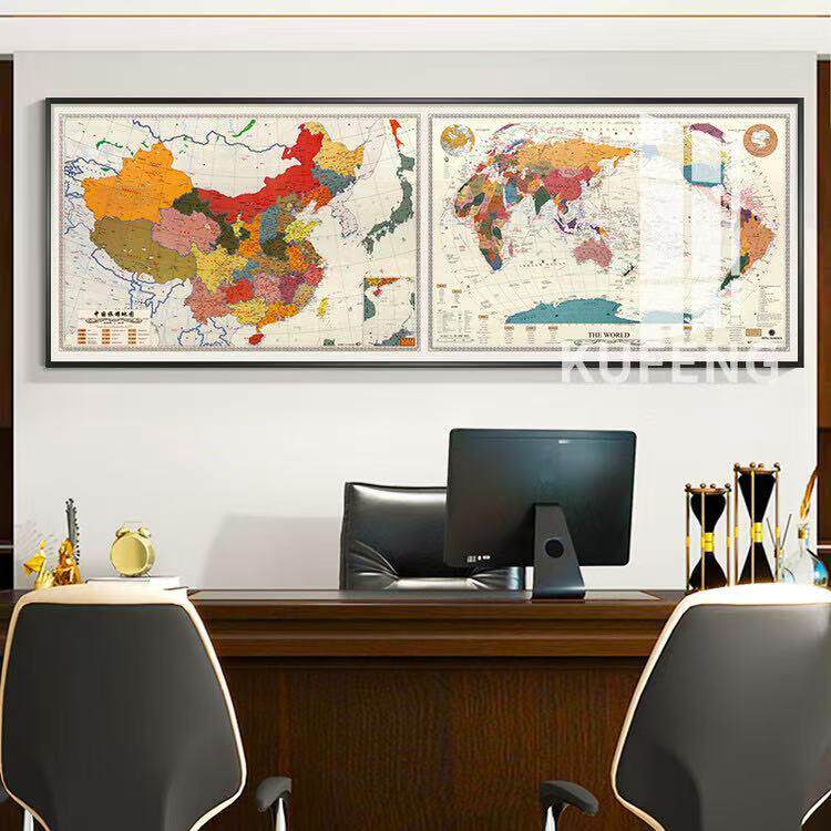 中国世界地理图连体挂画客厅装饰画公司会议室超大办公室大幅壁画