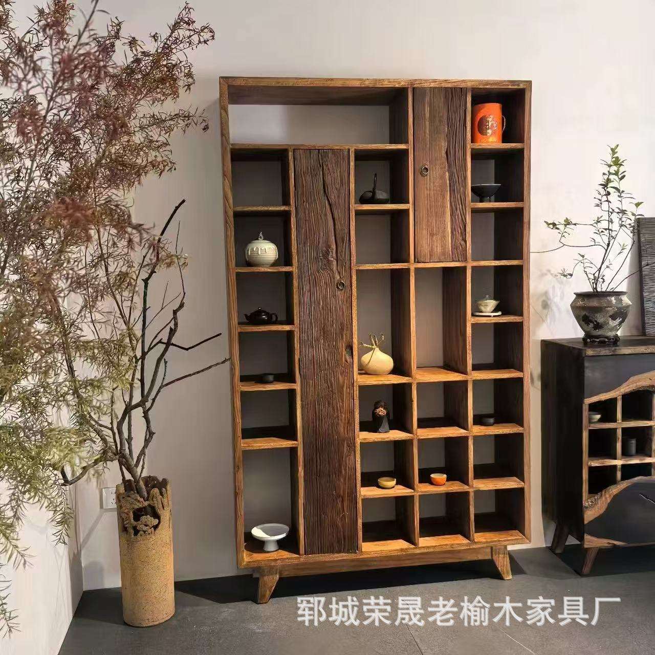 中式老榆木博古架茶室家具多宝阁茶具置物架实木文玩风化展示架
