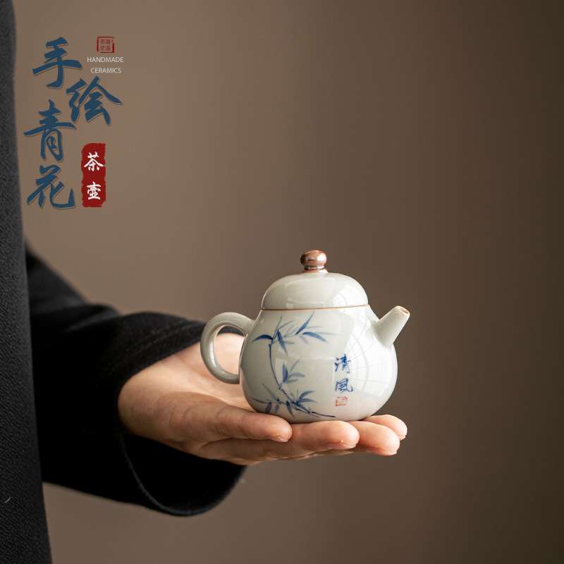 中式陶瓷指尖壶釉下彩竹子泡茶壶个人专用单壶复古迷你手抓壶代发