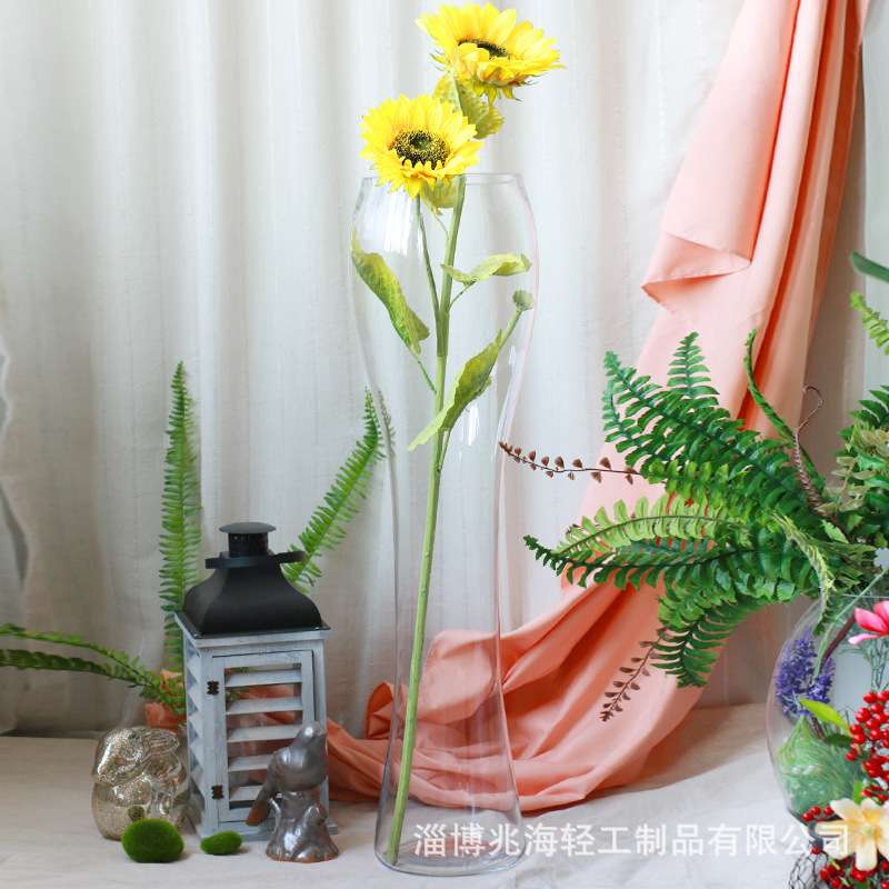 现代简约特大号落地花瓶透明玻璃客厅轻奢插花瓶酒店大堂花器摆件