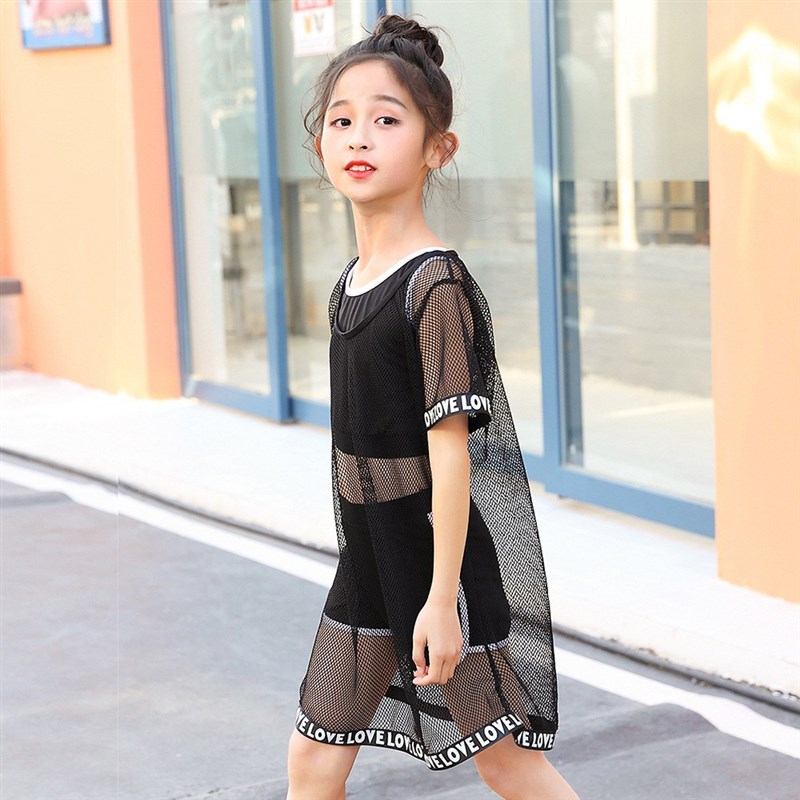 儿童泳衣中大童分体运动学生游泳衣温泉游泳馆网纱罩衫三件套