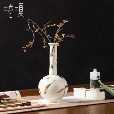 新中式禅意白色鎏金宋代美学插花器天球瓶样板间茶桌茶台摆件花瓶