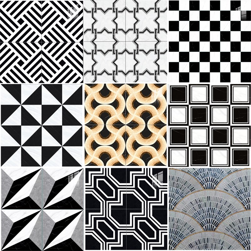 800x800亮光黑白拼花地砖客厅走廊商场专L卖店酒吧会所饭厅KTV磁