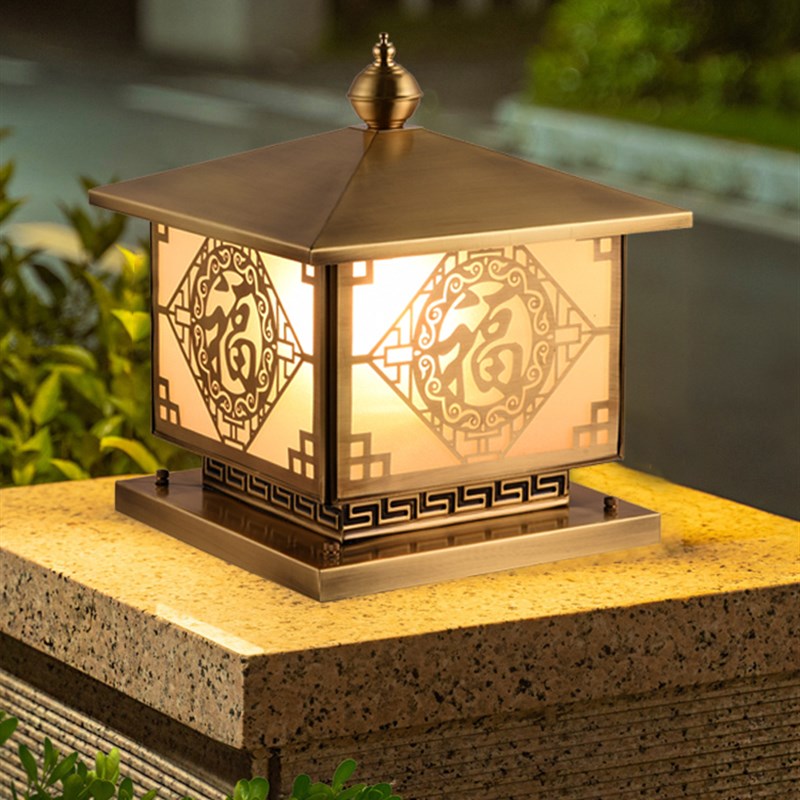 全铜中式灯柱太j阳能户外防水别墅大门灯柱栅栏花园庭院门灯柱