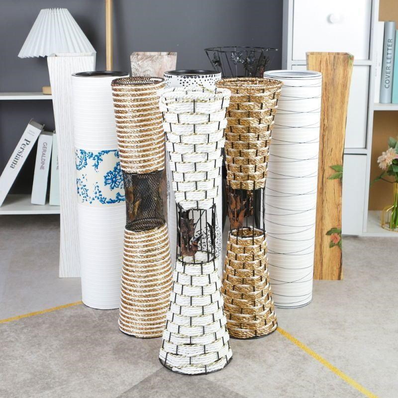 藤编铁艺简约大落地假花客厅插花盆干G花落地树脂直筒花瓶装饰摆