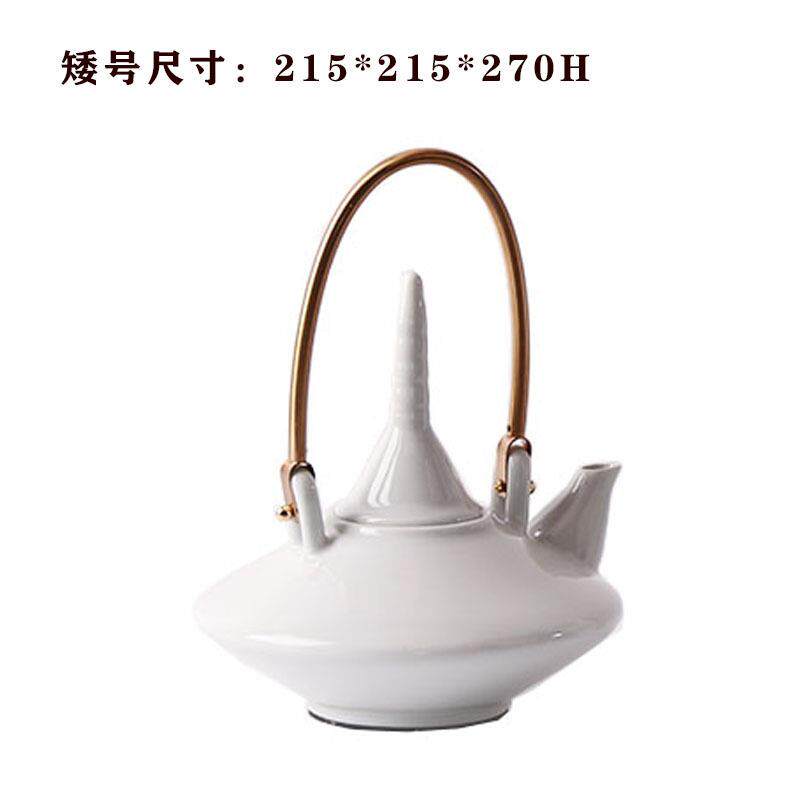 创意新中式白色陶瓷茶壶金属提梁摆件样板房酒店大堂茶室软装饰品