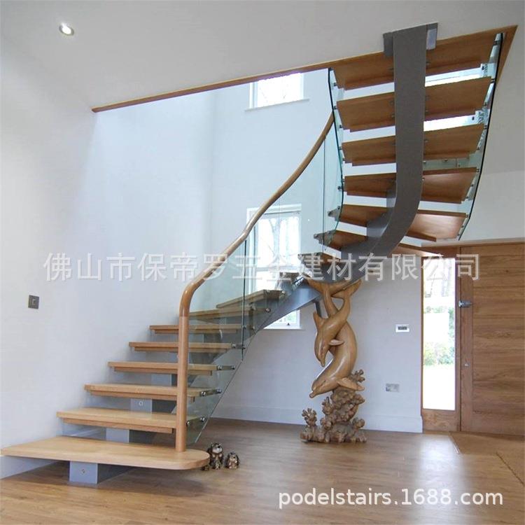 室内 家用 钢木U型 旋转楼梯现代简约风单梁钢管玻璃护栏