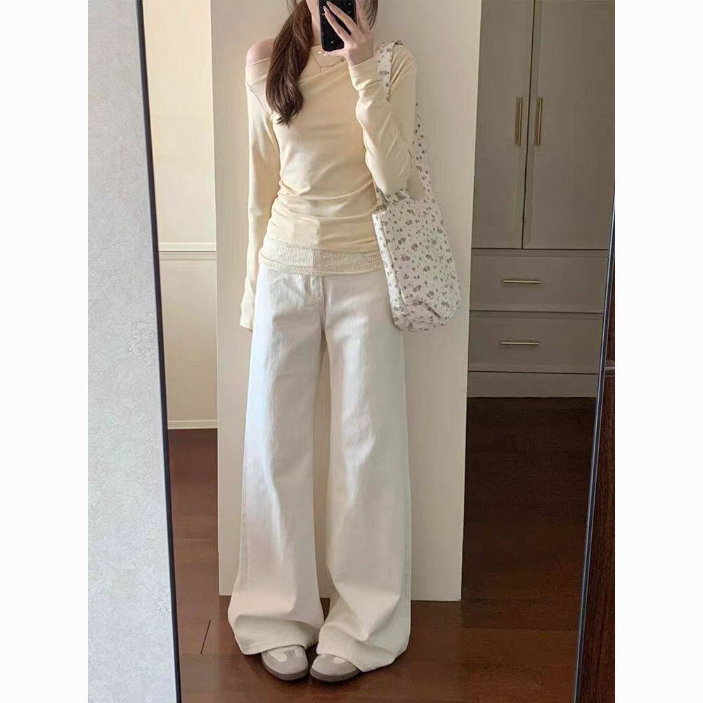 白色高腰直筒牛仔裤女2026秋季休闲百搭显瘦宽松阔腿小个子拖地裤