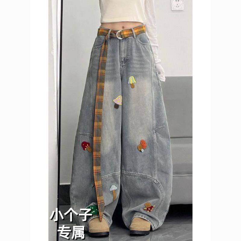 美式趣味卡通毛巾绣弯刀牛仔裤女春秋新款宽松直筒阔腿拖地裤子潮
