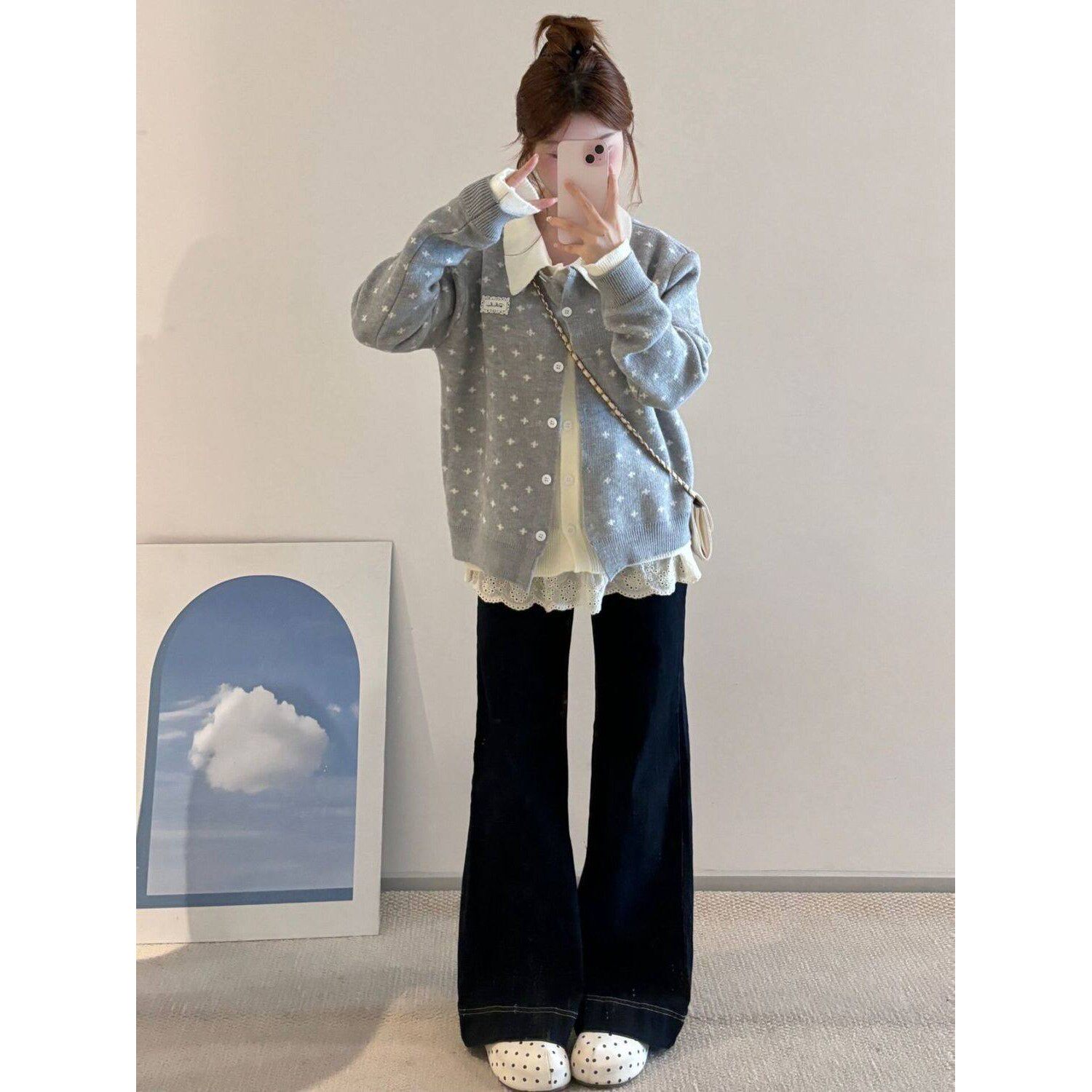韩系波点polo领假两件毛衣开衫女秋季显瘦百搭针织外套长袖