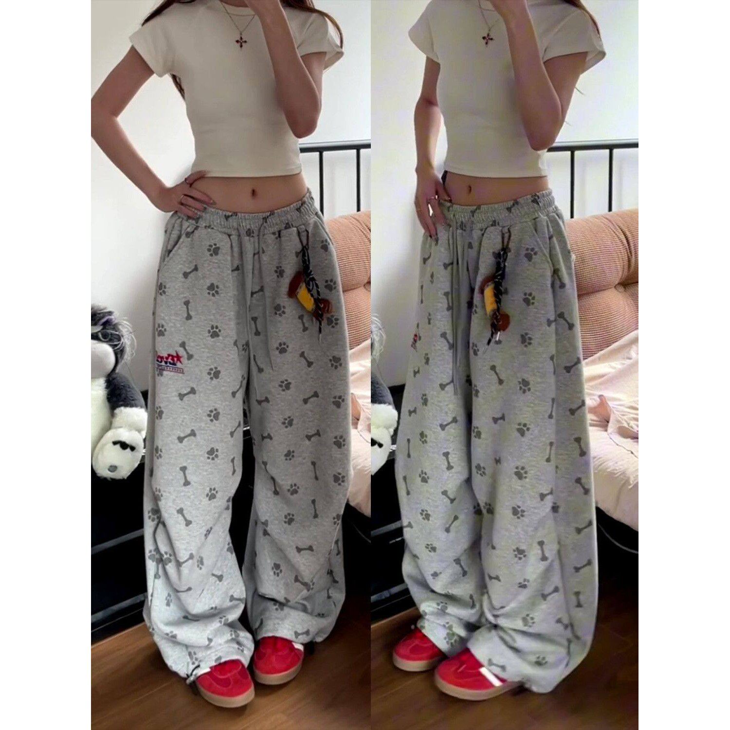 美式设计感灰色印花运动卫裤女春秋松弛感褶皱宽松休闲裤子女夏季