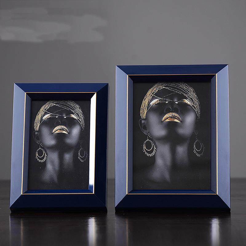 欧式轻奢风实木相框摆台创意摆件蓝色6寸7寸10寸画框桌面装饰品