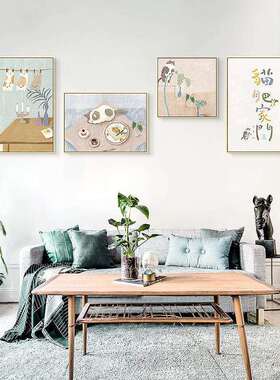 简约北欧客厅装饰画小清新日系风手绘猫咪绿色植物插画装饰画A288