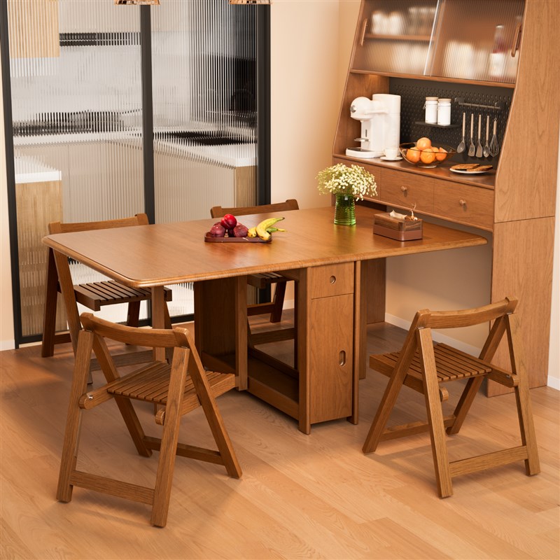 全实木折叠餐桌北欧胡桃色长y方形大板桌小户型家用可伸缩吃饭桌