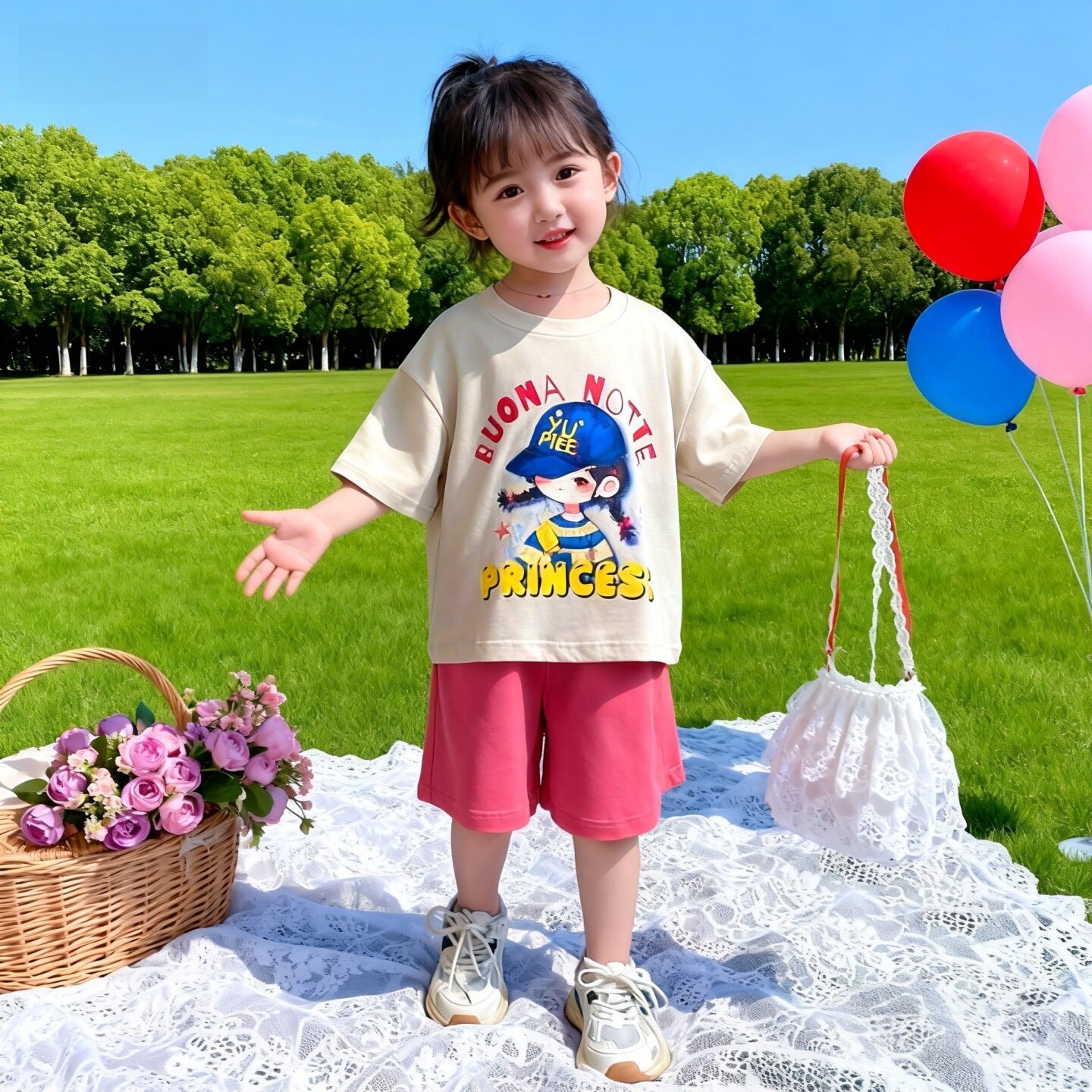 女童T恤套装夏款2026新款儿童巨好看洋气短袖女孩宽松短裤两件套