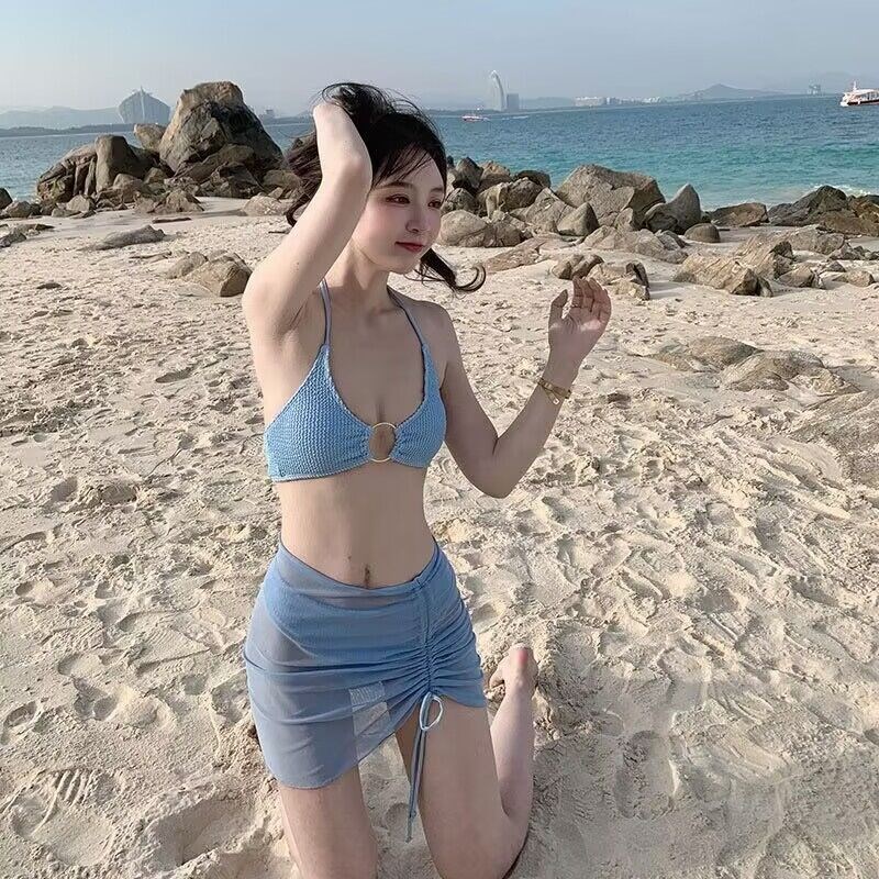 夏季新款韩版纯色性感比基尼裙式三件套聚拢抽绳包臀分体泳衣女