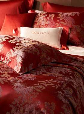 轻奢婚庆正统红色婚嫁色织提花四件套长绒棉结婚床上用品