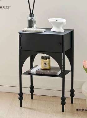 小户型黑色咖啡桌窄轻奢沙发设计个性卧室床头柜复古边柜bjs实木