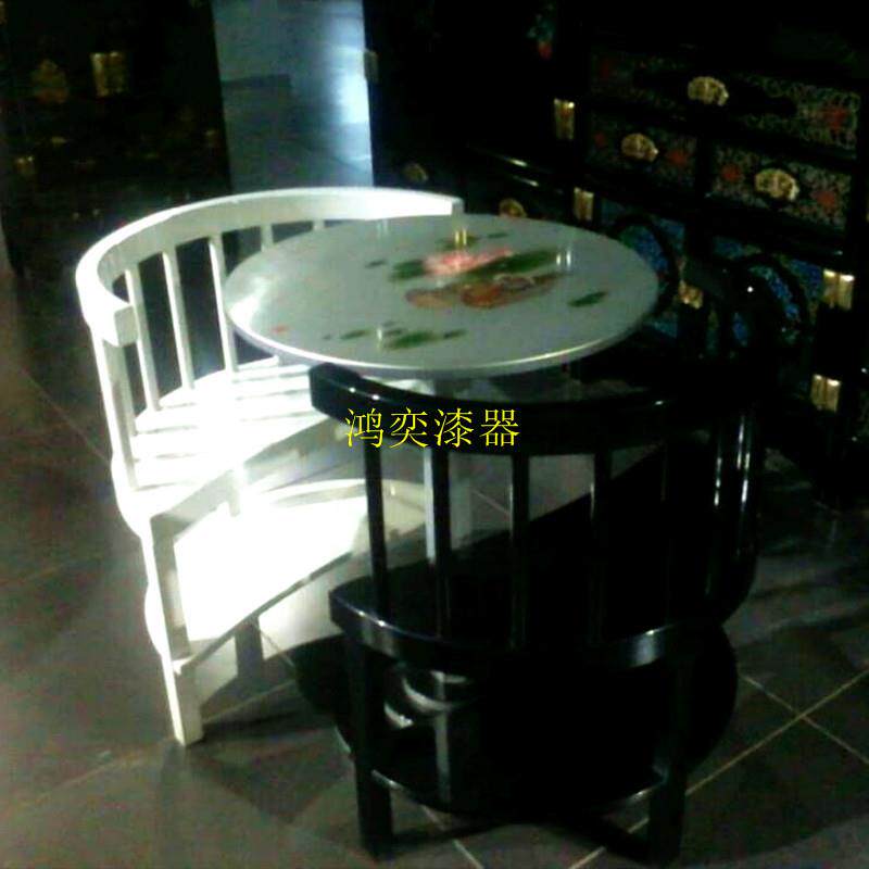 实木漆器彩绘圆形茶餐桌椅组合 圆桌木凳子家用 中式漆画桌子设计