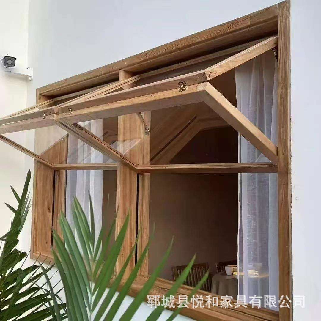 老榆木窗户街边咖啡厅装饰推拉窗做旧原木民宿装修上下折叠窗户框